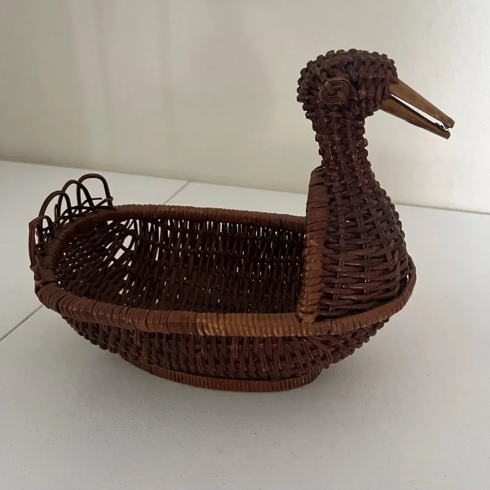 Vintage Brown Rattan Wicker Duck Basket Woven Wood Bird Farmhouse Decor Boho